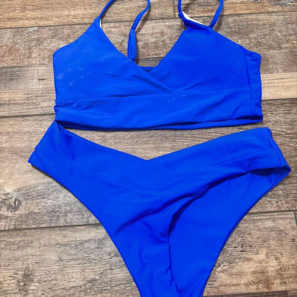 SHEIN Women's Vacation Beach Medium V Royal Blue High Rise Crossover Bikinis Set